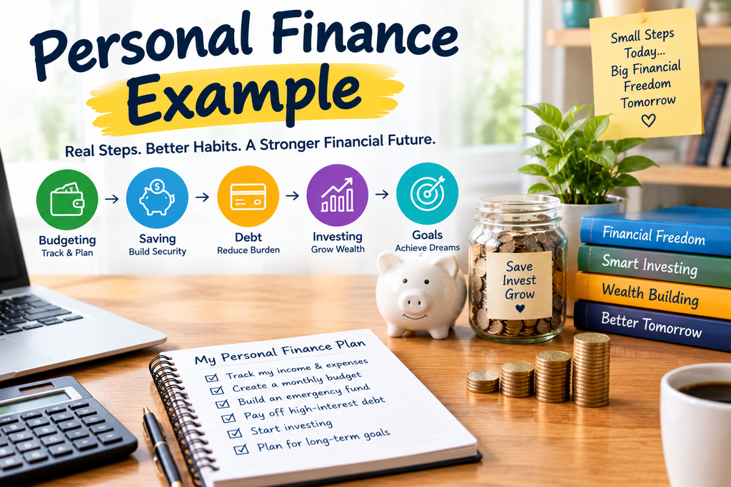 Personal Finance Example showing budgeting, saving, debt management, investing, and financial goals