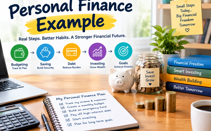 Personal Finance Example showing budgeting, saving, debt management, investing, and financial goals