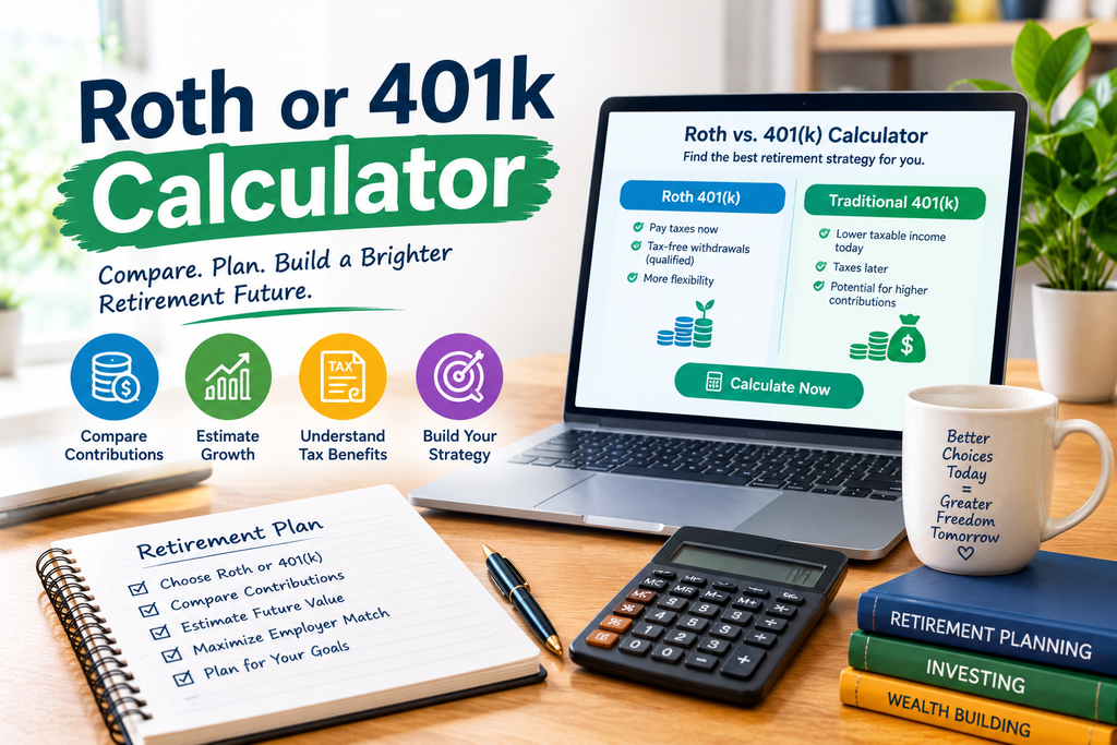 Roth or 401k Calculator for comparing retirement contributions and investment growth
