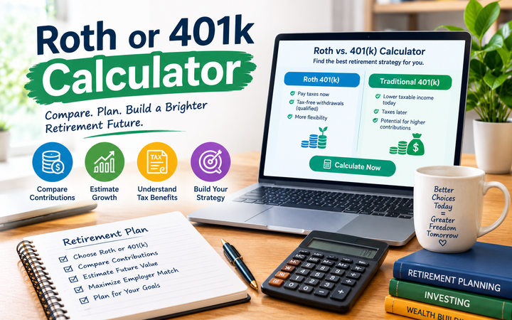 Roth or 401k Calculator for comparing retirement contributions and investment growth