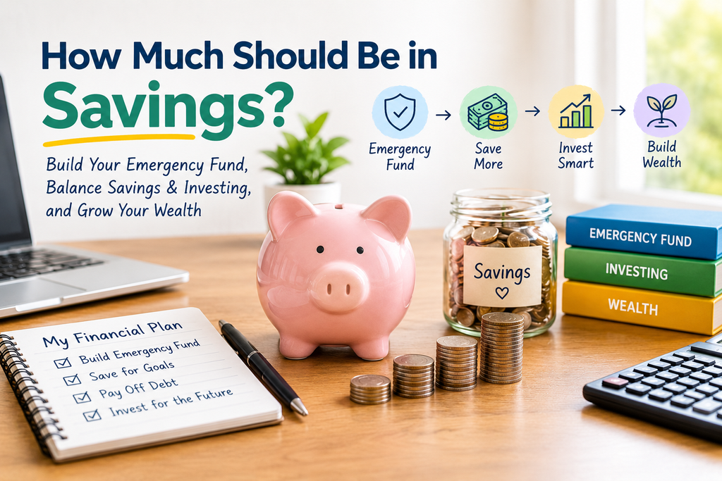 How much should be in savings showing an emergency fund, piggy bank, savings plan, and wealth-building strategy