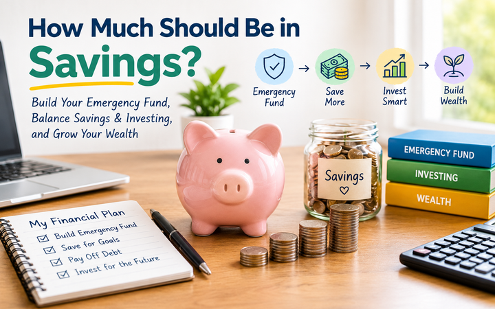 How much should be in savings showing an emergency fund, piggy bank, savings plan, and wealth-building strategy