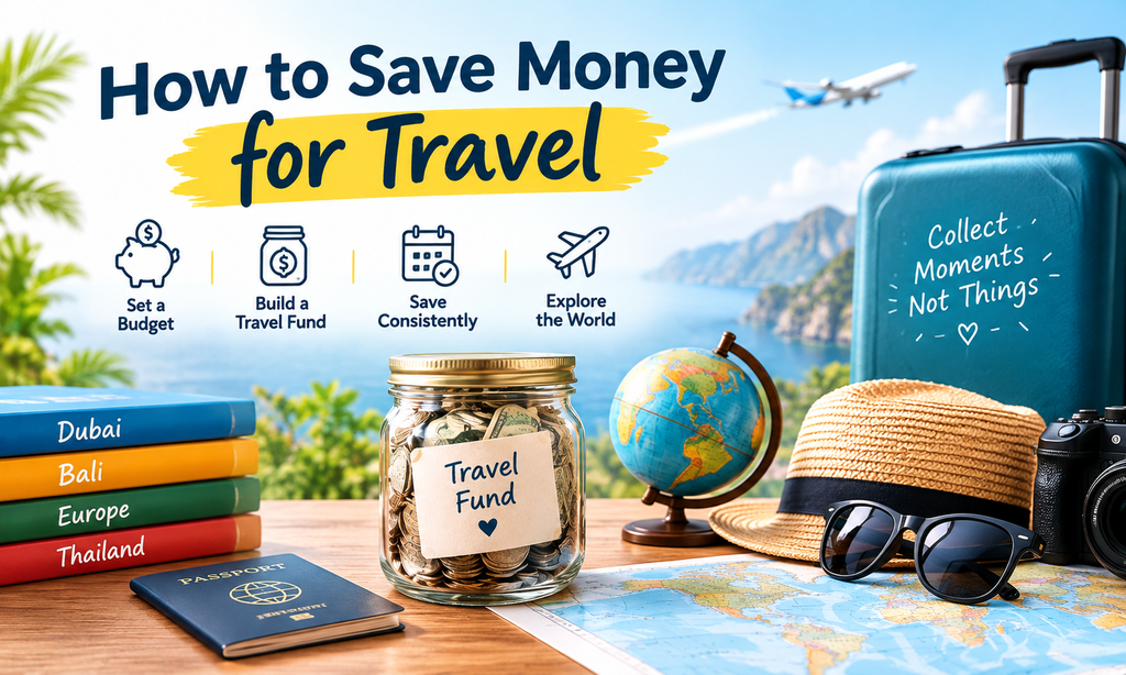 How to Save Money for Travel with a travel fund, budget, passport, and suitcase