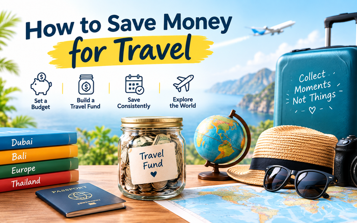 How to Save Money for Travel with a travel fund, budget, passport, and suitcase